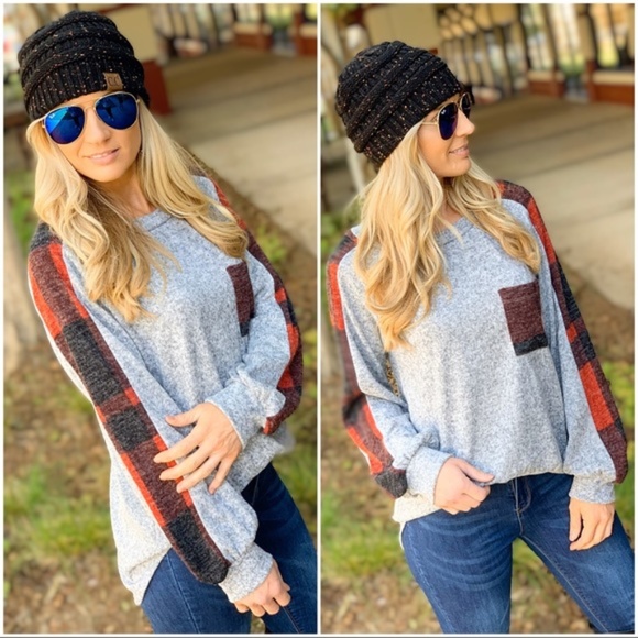 Infinity Raine Tops - Heather gray soft tunic with red plaid detail